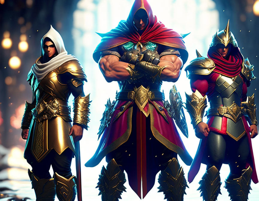 Stylized video game characters in medieval fantasy armor poses