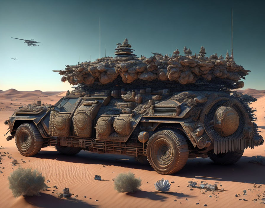 Intricate temple-inspired armored vehicle in desert landscape