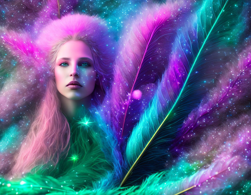 Fair-skinned woman with pink hair surrounded by vibrant feathers in cosmic kaleidoscope.