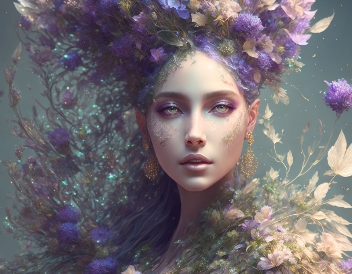 Fantasy portrait of a woman with lilac floral headdress