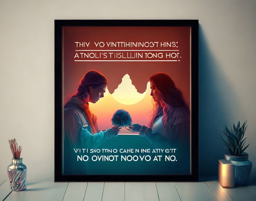 Mirrored text and graphic of two people holding orb in framed poster