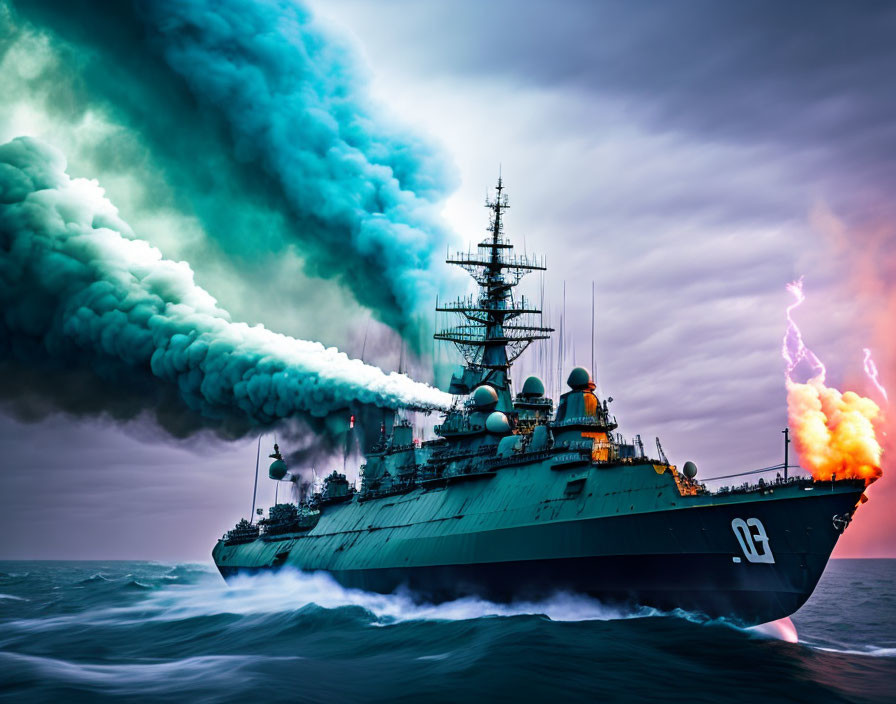 Warship at sea with dark smoke and flames under stormy sky