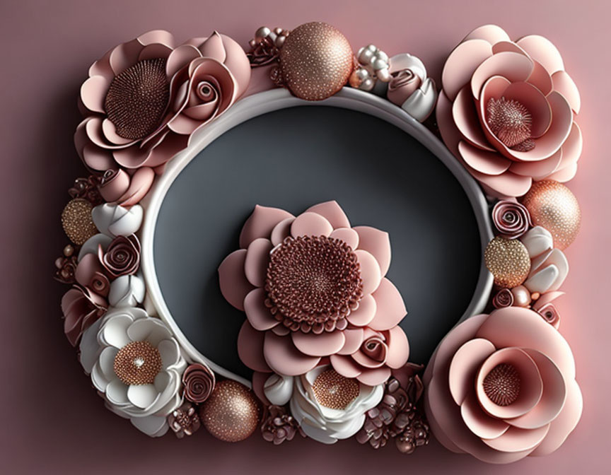 Stylized pink, white, and brown flowers with pearls and textured spheres