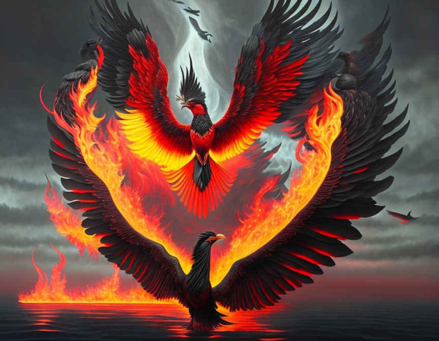 Majestic phoenix in flight with fiery wings in stormy sky