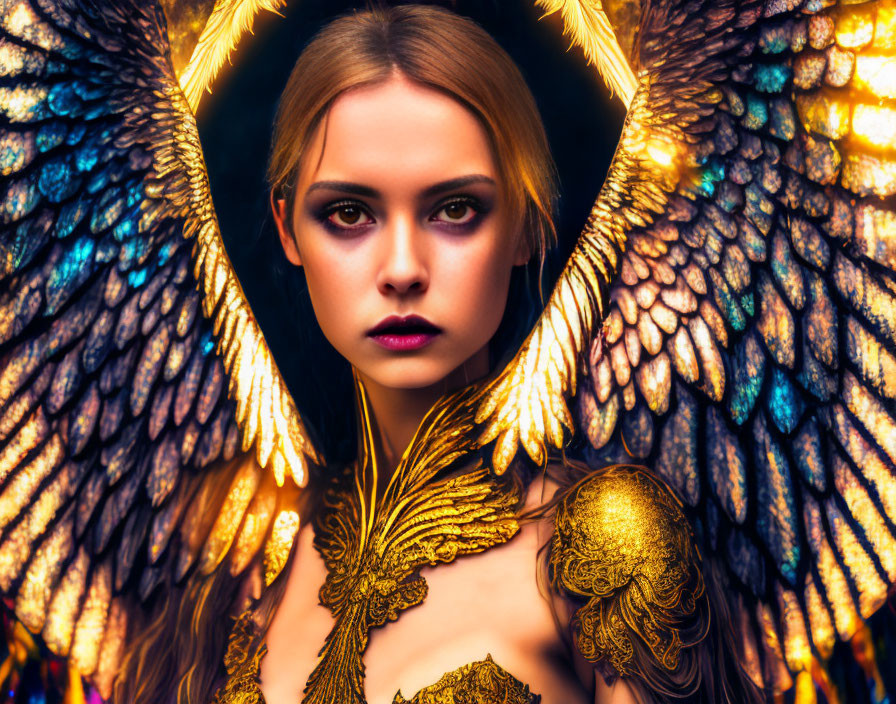 Portrait of woman with golden makeup and angel wings in fantasy style