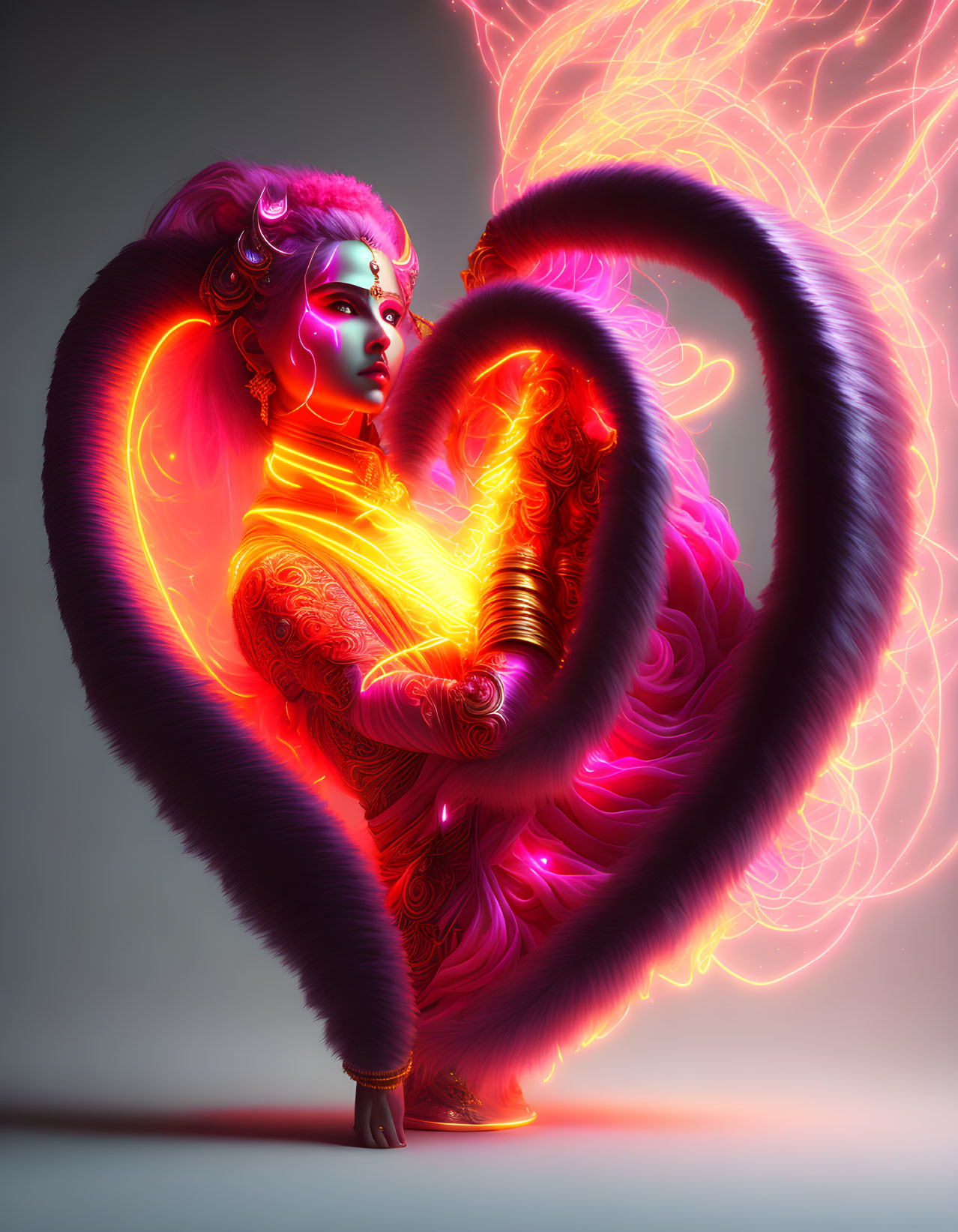 Colorful digital artwork featuring figure with pink and purple hues and ornate details surrounded by glowing heart-shaped