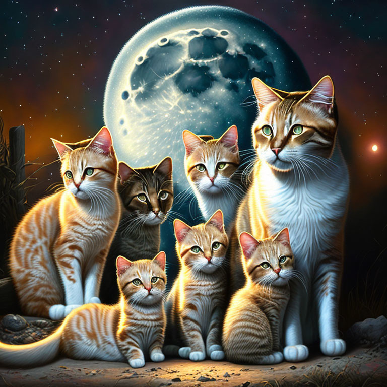 Seven Cats with Orange and White Markings Under Starry Night Sky