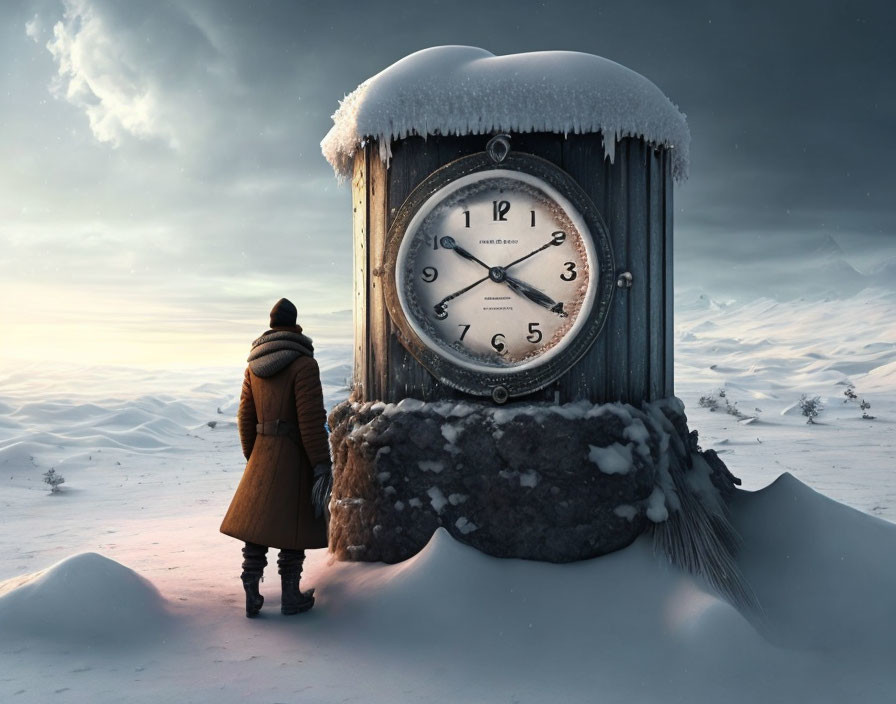 Person in coat standing by snow-covered clock in wintry landscape