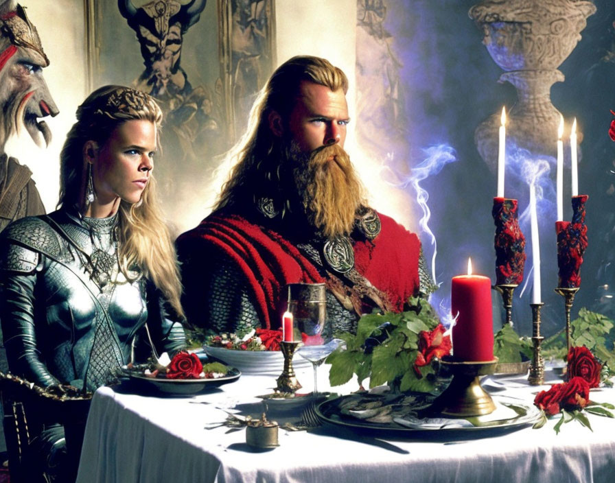 Medieval-themed banquet table with man and woman in historical attire.