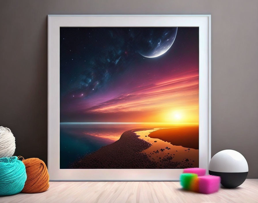 Framed sunset and crescent moon picture with yarn ball and toys on floor