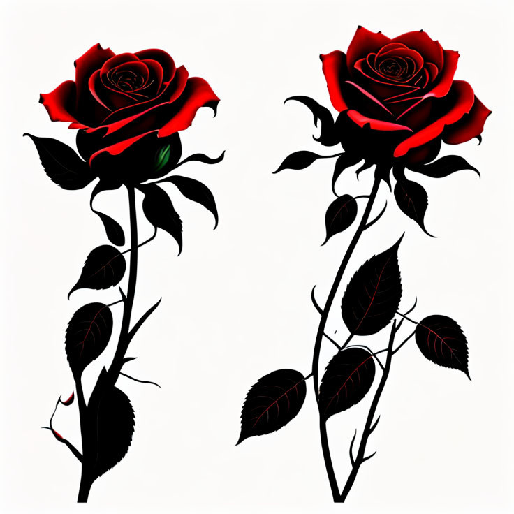 Stylized red roses with black stems and leaves on white background