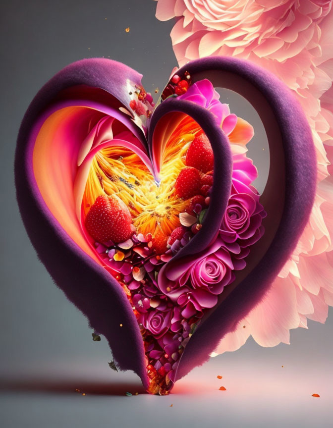 Colorful Heart-Shaped Artwork with Floral and Fruit Design