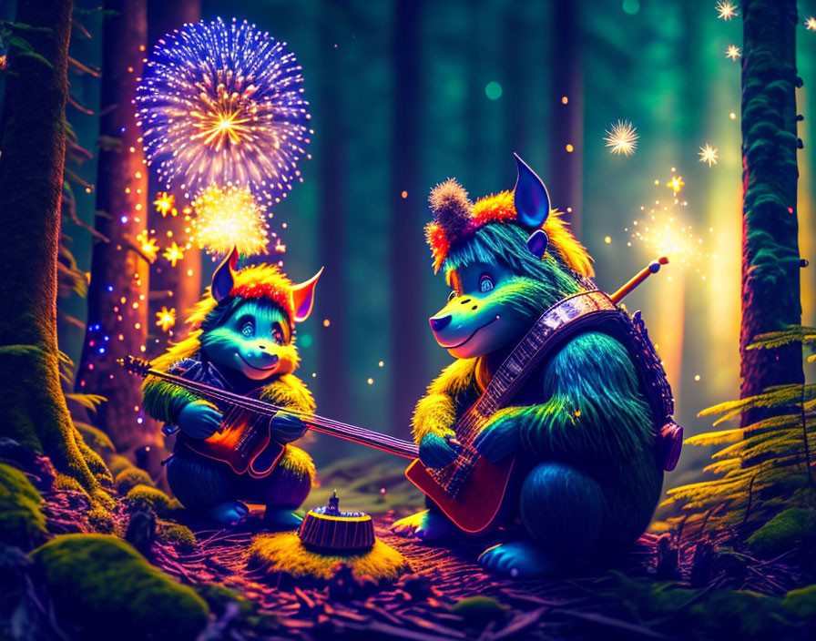 Vibrant fireworks light up an enchanted forest with two animated creatures playing musical instruments.