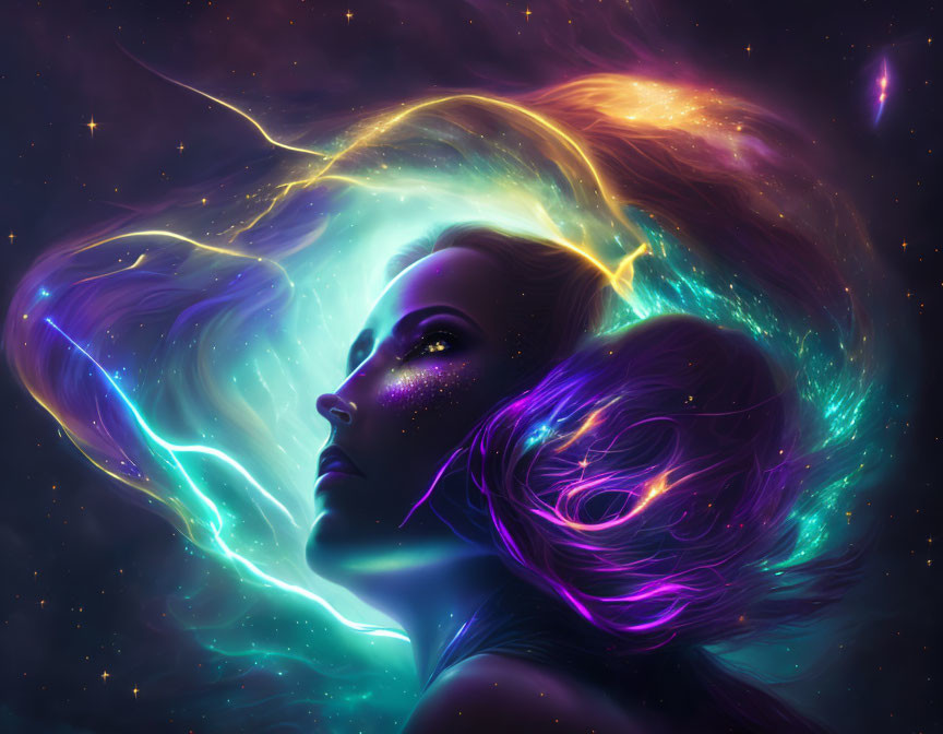 Digital artwork: Woman's profile merges with cosmic galaxy in purple and blue hues