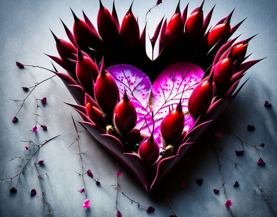 Dark Red Heart-Shaped Leaf Arrangement on Grey Surface