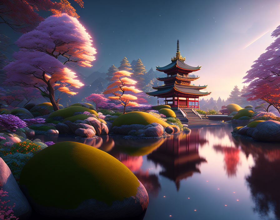 Traditional Japanese pagoda by serene lake with cherry blossoms at twilight