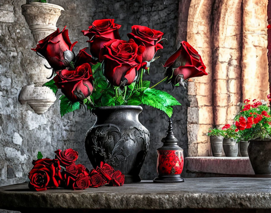 Red Roses in Black Vase with Teapot on Wooden Table Against Stone Wall