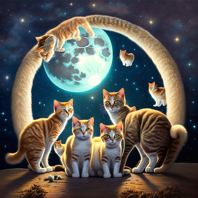 Digital artwork featuring playful orange tabby cats under a starry night with surreal long-tailed cat