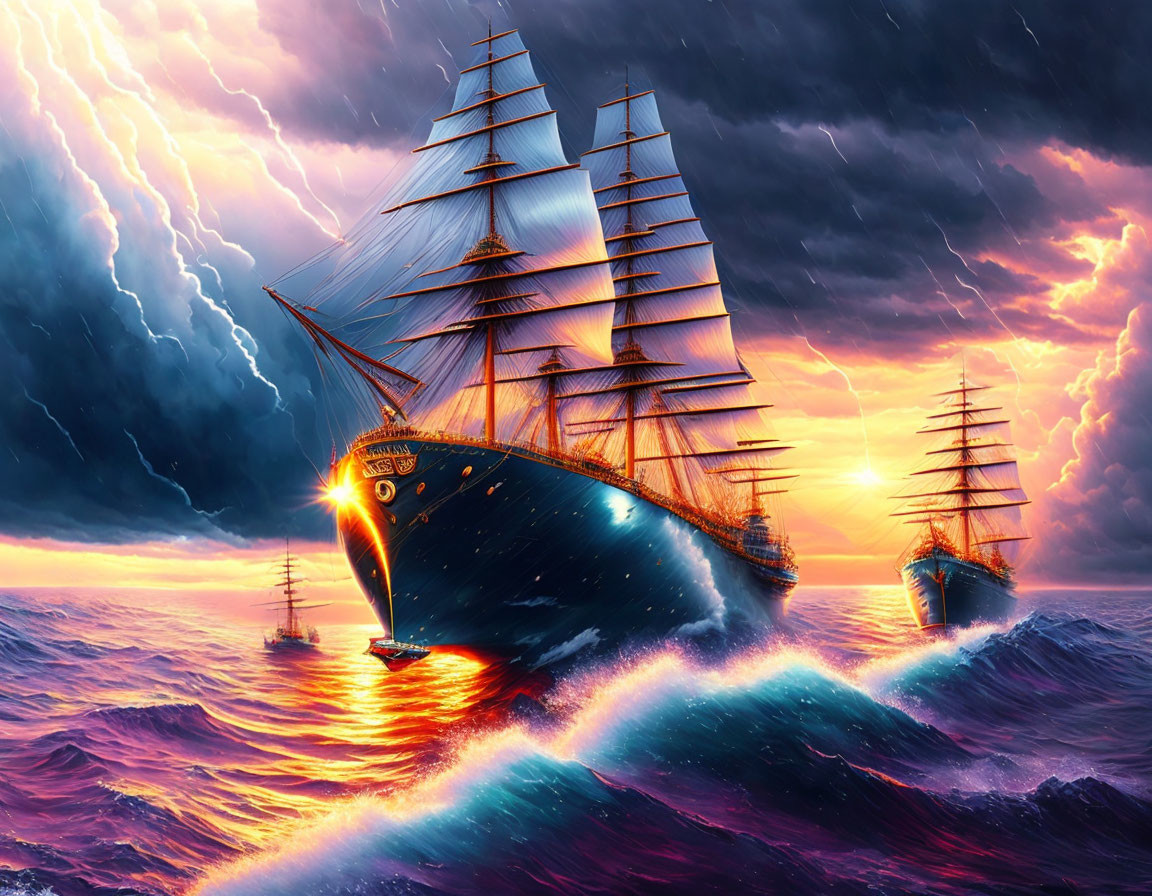 Dramatic purple seas with sailing ships and lightning storm