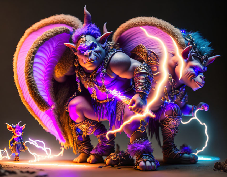 Fantasy creatures with horns and wings in electric connection