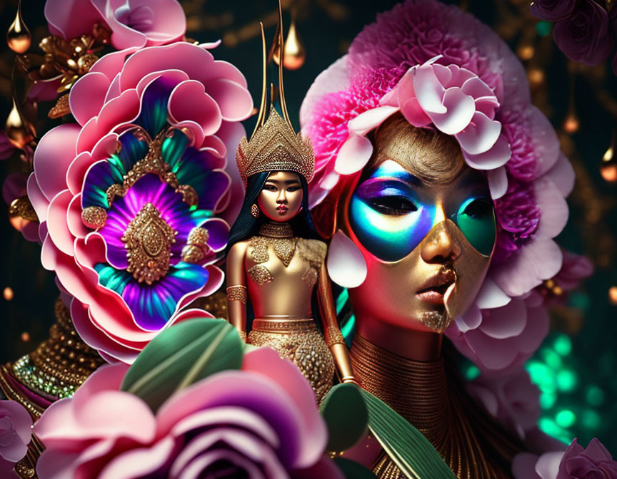 Digital artwork of two stylized women with golden jewelry among pink flowers and lanterns