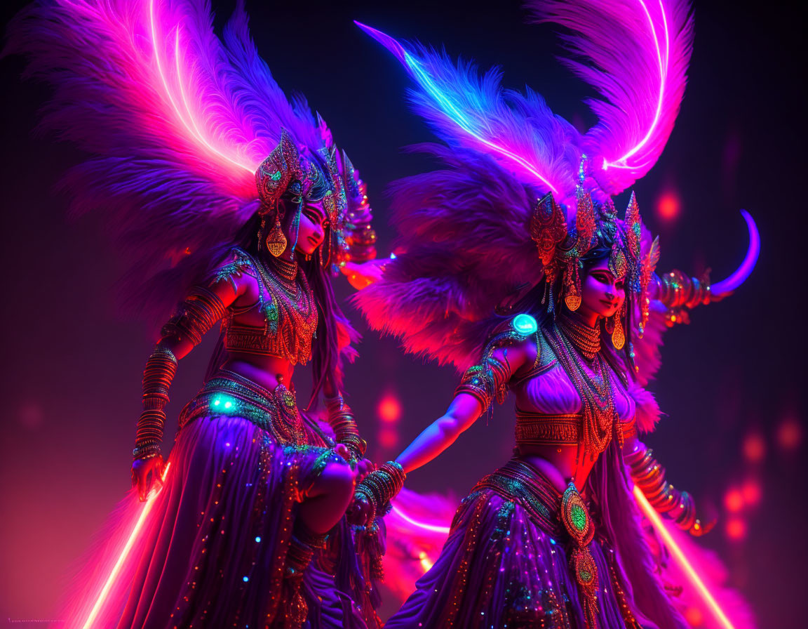 Two women in vibrant feathered costumes dancing against a dark, red-lit backdrop