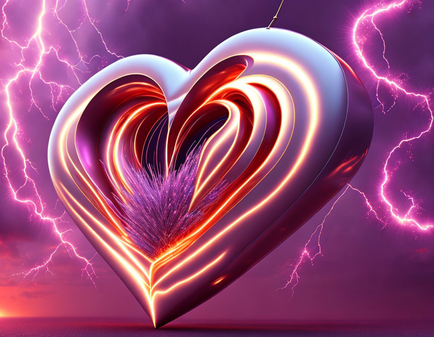 Glowing metallic heart with nested hearts in 3D digital art