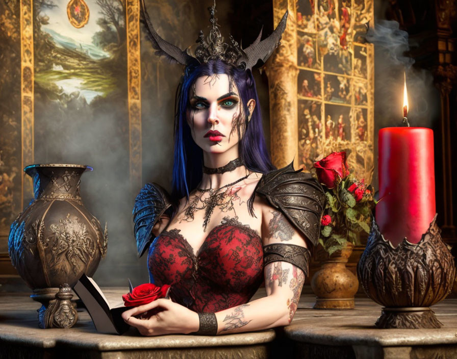 Gothic woman with horned headpiece and tattoos holding a book by candle and rose in vintage