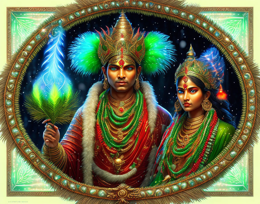 Traditional attire divine couple artwork with cosmic backdrop