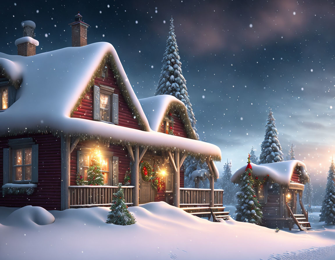 Winter cabin with Christmas decor in snowy forest at dusk