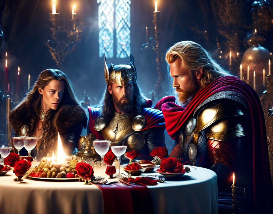 Elaborate medieval banquet scene with three people in costumes