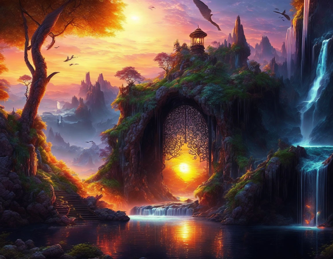 Mystical landscape with sunset backdrop, ornate gate, waterfalls, and ancient stairways