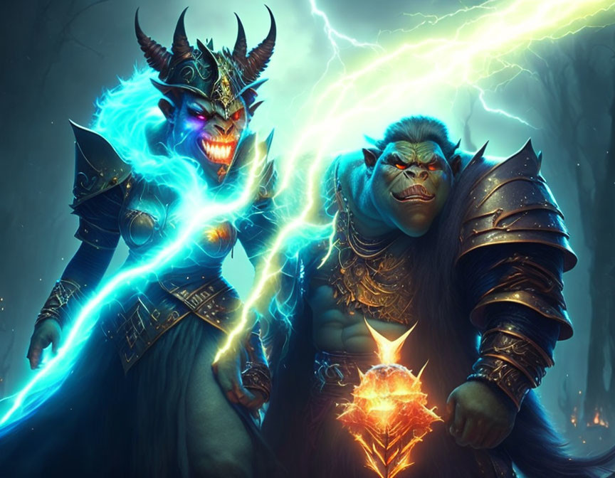 Animated fantasy demon and orc in intricate armor under stormy sky
