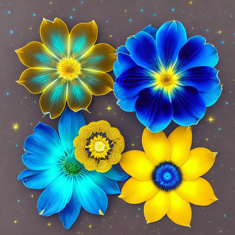 Four Vibrant Blue and Yellow Flowers on Starry Background