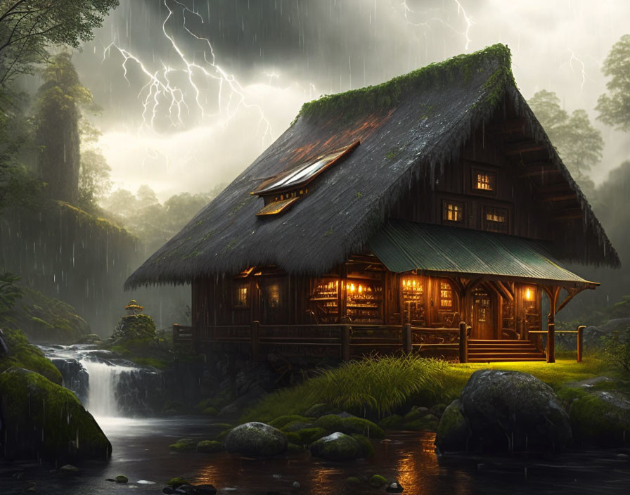 Thatched roof cottage in forest during thunderstorm