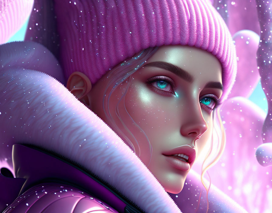 Digital Artwork: Woman with Blue Eyes in Pink Beanie and Purple Jacket