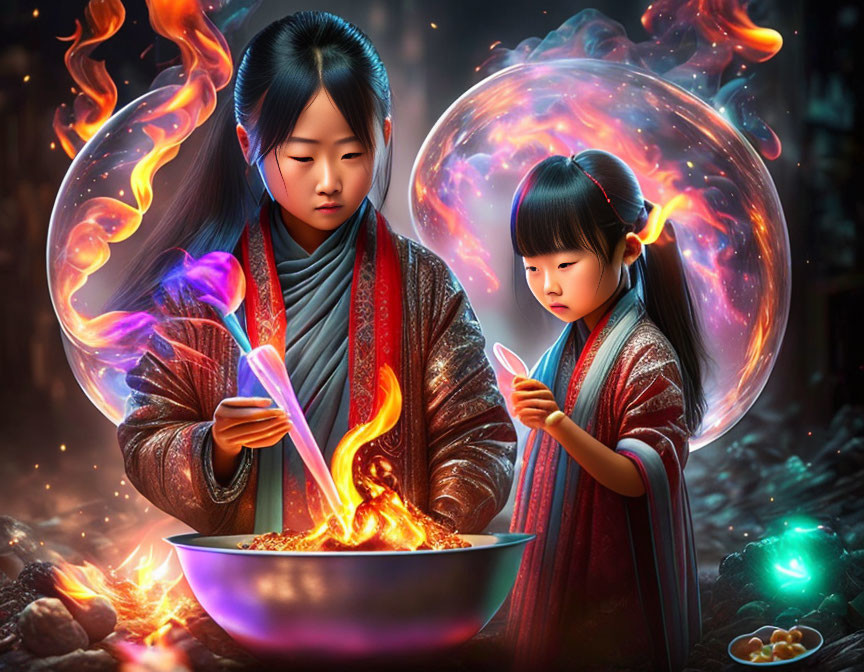 Two girls in traditional attire with magical fire and glowing orbs in dark setting