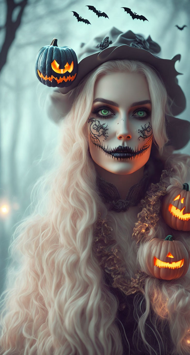 Skull makeup person in witch hat with bats and jack-o'-lantern in misty setting