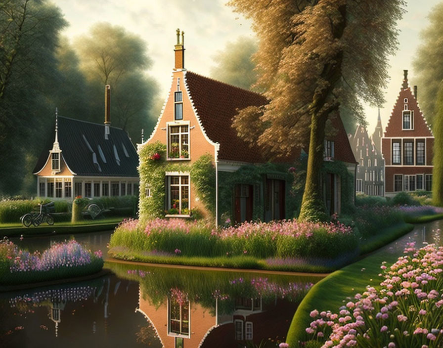 Charming Dutch houses by serene canal and blooming flowers