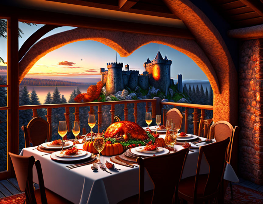 Festive meal in elegant dining setup with sunset view & medieval castle.