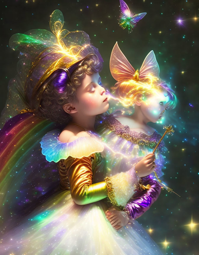 Ethereal children with fairy wings in cosmic setting