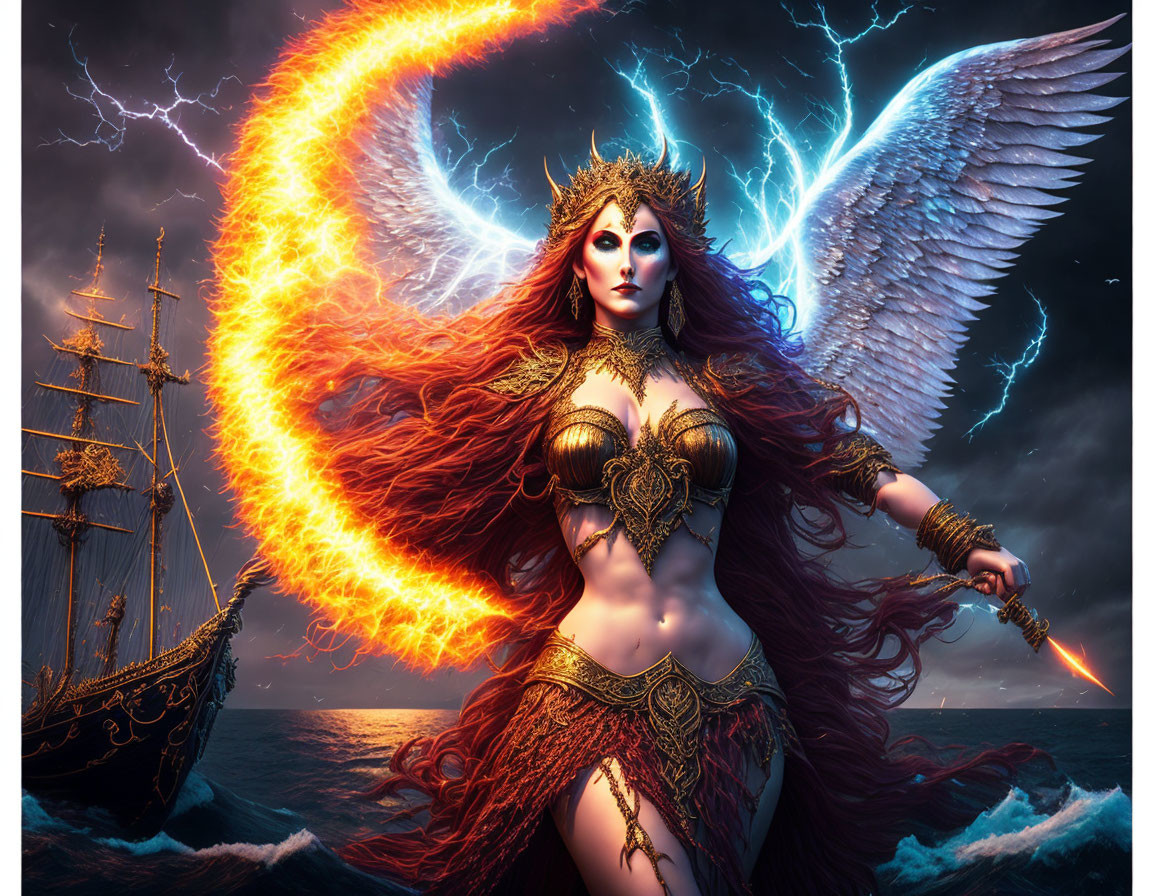 Winged woman in ornate armor wields glowing weapon by stormy seas