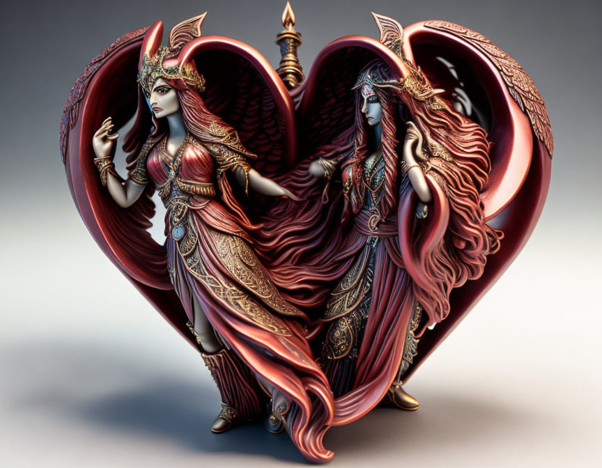 Stylized symmetrical female figures in heart-shaped frame with elaborate headdresses.