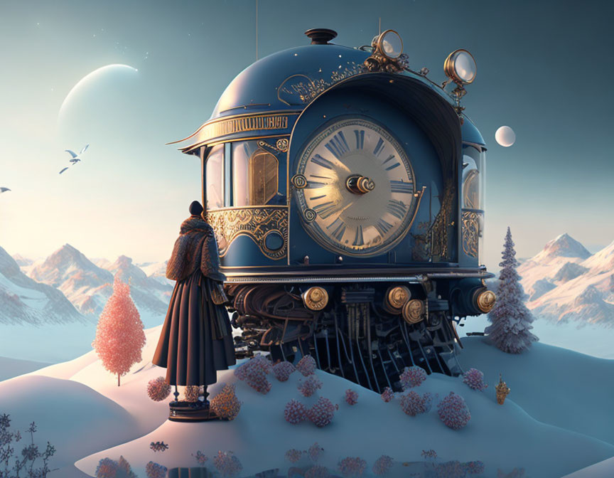 Fantastical clock-faced train in snowy landscape with mountains and crescent moon