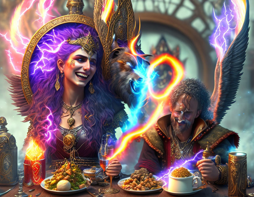 Fantastical sorceress casting spells next to a feasting man surrounded by mystical energy and artifacts