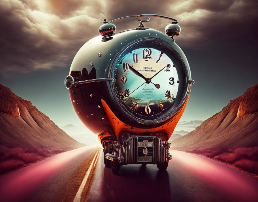 Surreal clock image with road reflection under dramatic sky