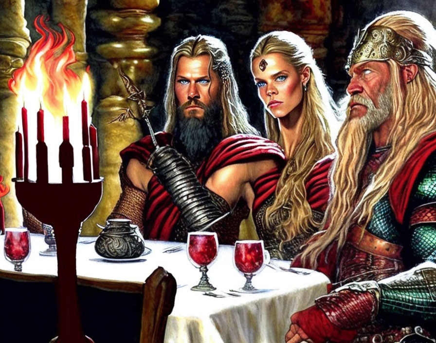 Viking warriors at feast table with goblets and candles