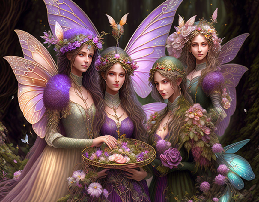 Ethereal fairy characters with translucent wings in mystical forest