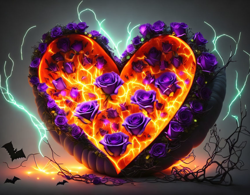 Heart-shaped purple rose graphic with flames, lightning, and bats on dark background