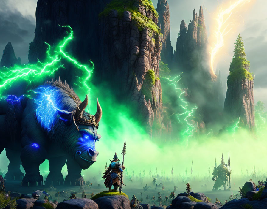 Armored boar and warrior in mystical landscape with electric energy